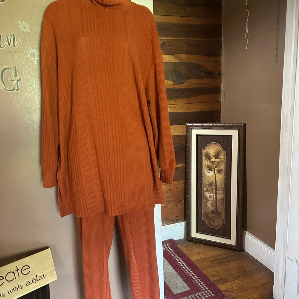 SHEIN Orange Ribbed Knit Pantsuit Relaxed Fit